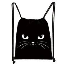 Cute  Black Cat Drawstring Bag Women Shopping Bags Canvas Travel Bag Fashion Sto - £13.44 GBP