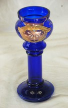 Bohemian Czech Cobalt Blue Column Vase Gold Gilt Applied Flowers - £23.64 GBP