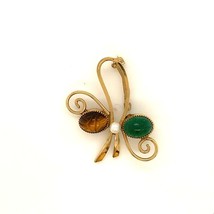Vintage 14k Gold Filled Wells Scarabs Tiger&#39;s Eye Jade Ornate Bow Design Brooch - £30.00 GBP