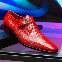 genuine caiman crocodile dress Shoes monk strap Rovigo Red image 10