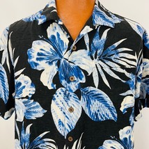 Caribbean Joe Hawaiian Aloha L Shirt Barkcloth Palm Leaves Hibiscus Tropical - £31.38 GBP