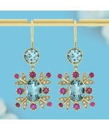 14K Natural Blue Topaz Ruby and Diamond Vintage Style Floral Dangle Earr... - $1,300.00