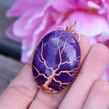Purple veins agate copper wire-wrapped Tree of Life pendant, Yggdrasil, World Tr - £37.56 GBP