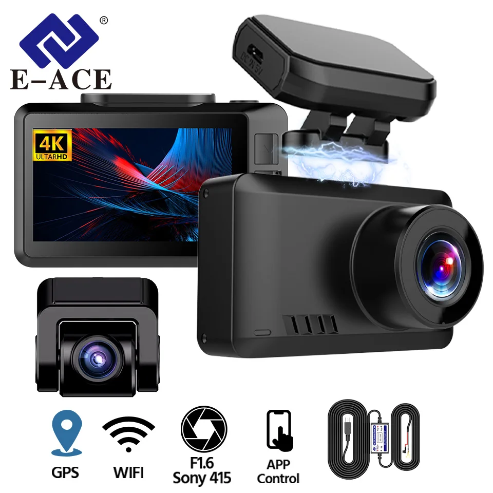 E-ACE 4K Dash Cam Front And Rear Dual Cameras Support GPS WiFi Dash Cameras - £93.06 GBP+