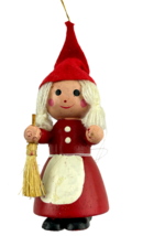 German Christmas Ornament Girl w Broom Handmade Hand Painted - $14.45