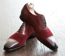 Men Two Tone shoes Handmade Genuine Leather Oxfords Lace up Dress shoes - $151.99