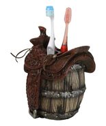 Rustic Western Faux Leather Cowboy Horse Saddle On Barrel Toothbrush Holder - €27,26 EUR