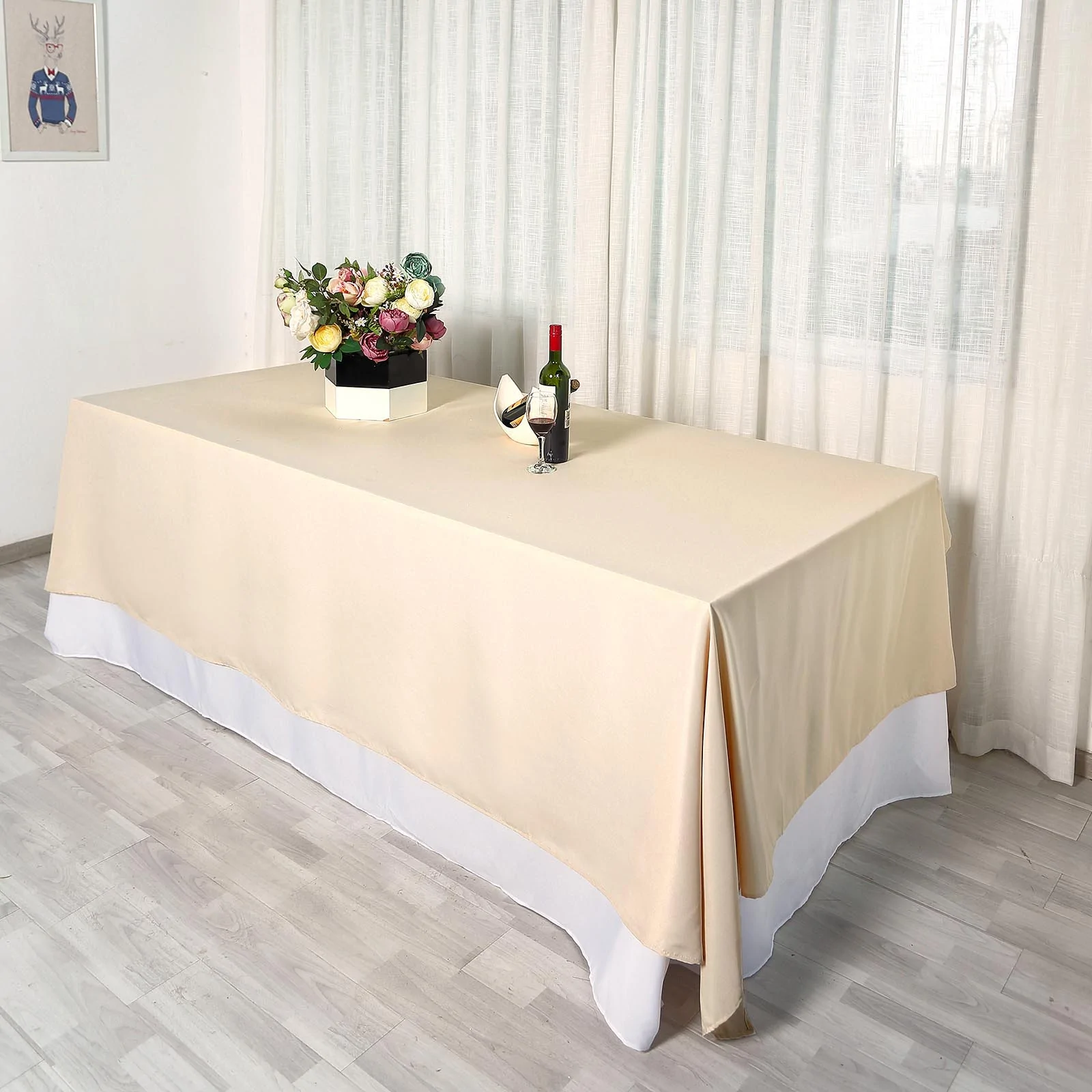 Beige - 5PCS 90x132&quot; Polyester Rectangle Tablecloths Wedding Party - £90.35 GBP