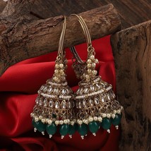 Gold Plated Indian Fashion Bollywood Style Jhumka Earrings Kundan Jewelry Set - £22.35 GBP