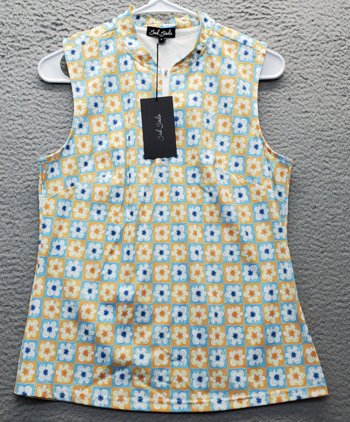 Bad Birdie Polo Shirt Womens Medium Multi Flower Powder Stretch Sleeveless NEW