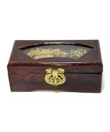 Chinese Lacquer Jewelry Box Sculptured Cork Art Glass Top Red Brass Vint... - £15.88 GBP