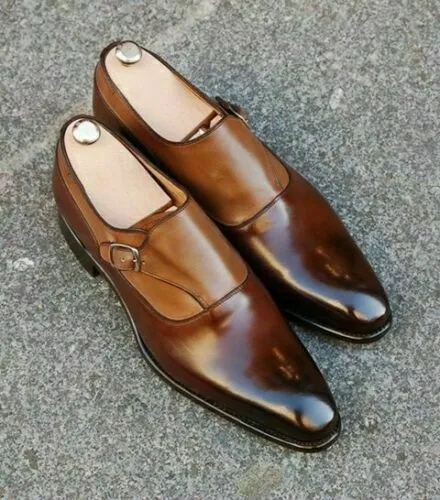 Handmade Men&#39;s Leather Formal Dress Two tone formal dress Monk Straps Shoes - £124.96 GBP