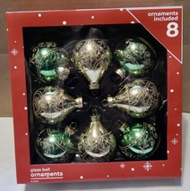 Christmas Tree Ornaments Glass Ball 2 1/2” Round 8ea Green &amp; Gold Glitte... - £7.88 GBP