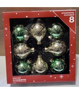 Christmas Tree Ornaments Glass Ball 2 1/2” Round 8ea Green &amp; Gold Glitte... - £7.76 GBP