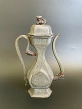 Qing Chinese Pewter Engraved Wine Ewer Pot Teapot w/ Foo Dog Finial Drag... - $365.00