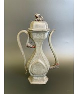 Qing Chinese Pewter Engraved Wine Ewer Pot Teapot w/ Foo Dog Finial Drag... - £285.84 GBP