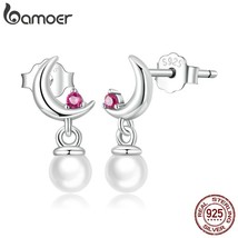 Bamoer 925 Silver Shell Bead Drop Earrings for Women Moon Stud Earrings Fine Ear - £16.69 GBP