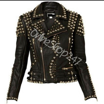 New Women Unique Embellished Full Silver Studded Punk Star Biker Leather Jacket - £237.27 GBP