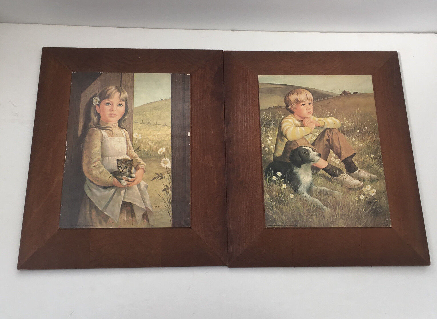 Vintage 1979 wood mount litho prints boy with dog  girl with kitten  Tor... - £18.60 GBP