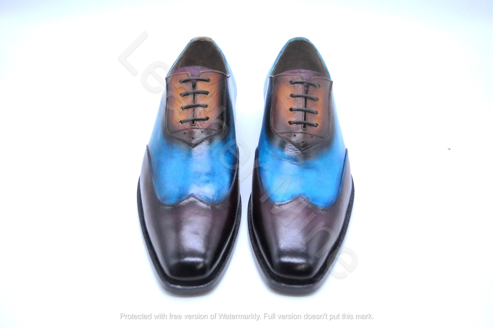 Handmade Men's Blue Patina Wingtip Oxford Leather Dress Shoes For Men