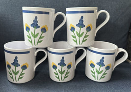SET 5 DANSK BISTRO 4” MELAMINE COFFEE CUPS MUGS BLUE BAND FLORAL FLOWERS... - $39.96