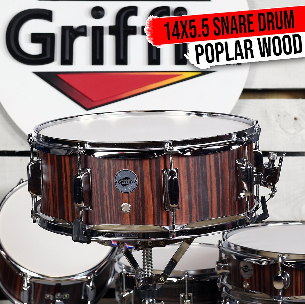 Snare Drum by GRIFFIN | 14" x 5.5"  Black Hickory PVC & Coated Head on Poplar Wo