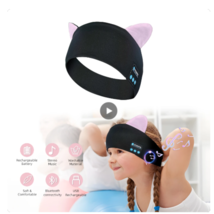 Kids Girls Wireless Headphones Sleep Mask Wearable Headband Cat Ears Mic Built - £14.34 GBP