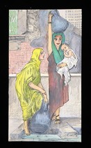 Vtg Art Drawing Hand Colored &quot;Egyptian Women Filling Water&quot; Beautiful Ar... - €35,06 EUR