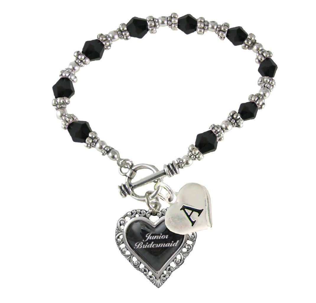 Custom Black Glass Junior Bridesmaid Heart Bracelet Jewelry Choose Initial - $14.24