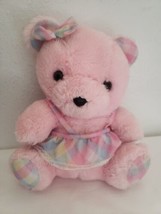 Vintage Pink Teddy Bear Pastel Plaid Dress Plush Stuffed Animal Sitting - £23.35 GBP