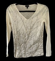 Talbots Petites Long Sleeve V Neck T Shirt Cotton Ivory Gold Tree Branches Artsy - £11.16 GBP