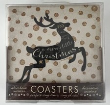 THIRSTYSTONE Stoneware Coaster Set, Merry Little Christmas With Deer, Polka Dots - £9.52 GBP
