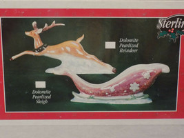 STERLING INC. DOLOMITE PEARLIZED REINDEER &amp; SLEIGH FIGURINES - MINT IN BOX - £31.93 GBP