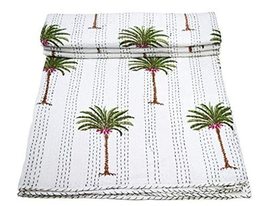 Kantha Quilt, Indian Handmade 100% Cotton Palm Tree Pattern Quilt Bohemian Bedsp - £55.65 GBP