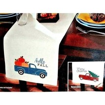 Hello Fall Table Runner Blue Truck Pumpkins Christmas Tree Reversible Co... - $22.97