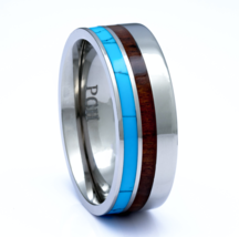 Turquoise and Koa Wood Ring set in Titanium High Polish Wedding Bands 8m... - £27.45 GBP