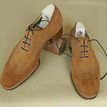 Handmade Men&#39;s Leather Oxfords Dark Beige Color Suede Lace Up Party Shoes-207 - £156.87 GBP