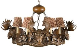 Chandelier Moose Heads 6-Light Hand-Cast OK Casting Feather Pattern Shades - £2,415.65 GBP