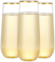 N9R 12 Pack Plastic Champagne Flutes, 9 Oz Stemless Disposable Gold Rim Toasting - £30.99 GBP