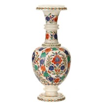 18"Precious Stone Flower Vase Antique Pietradura Floral Inlay Marble Garden Deco - $2,460.15