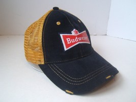 Budweiser Beer Snapback Trucker Hat Bud 1876 Factory Distressed Blue Yellow Cap - £10.87 GBP