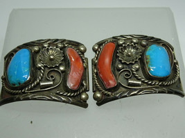 Native American Old Pawn Navajo BIG Turquoise &amp; Coral Sterling Watch Tips,49.8g - £219.82 GBP