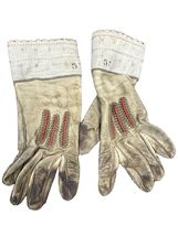 1870s Dan 4th Kid Leather Gloves Embroidered Red Green Gauntlet Cuff Chi... - $57.37