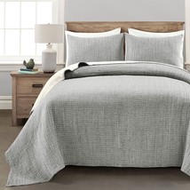 Full/Queen Size 3-Piece Reversible Cotton Yarn Woven Quilt Set in Grey Cream - £204.28 GBP