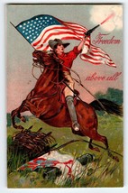 4th Of July Postcard Freedom Above All Man Horse Flag Cannon PFB Germany 1908 - £24.34 GBP