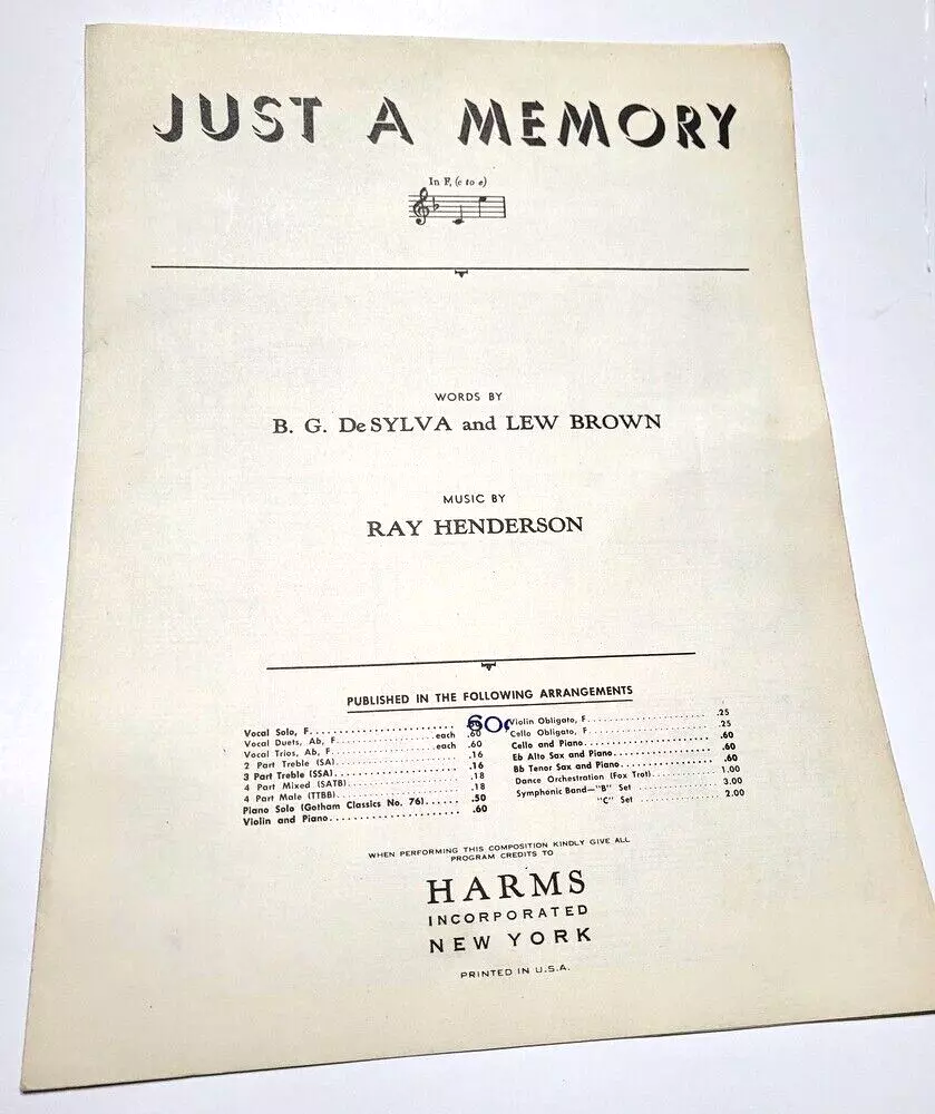 Primary image for Just A Memory Antique Sheet  Music 1927