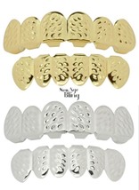 4 pc Set Grillz Cut Design Gold Silver Plated Custom Fit Top Bottom Teeth Grill - £10.79 GBP