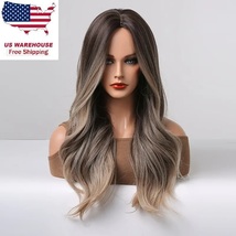 Long Brown Wavy Wig For Women, Natural Look Ombre Curly Wigs Heat Resistant Synt - £36.96 GBP