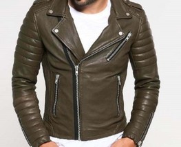 New Leather Jacket for Men Slim fit Khaki Color Genuine Lambskin Biker M... - $169.99