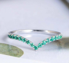 Curved Emerald Dainty Band, 14k White Gold Half Eternity Ring May Birthstone - £40.79 GBP